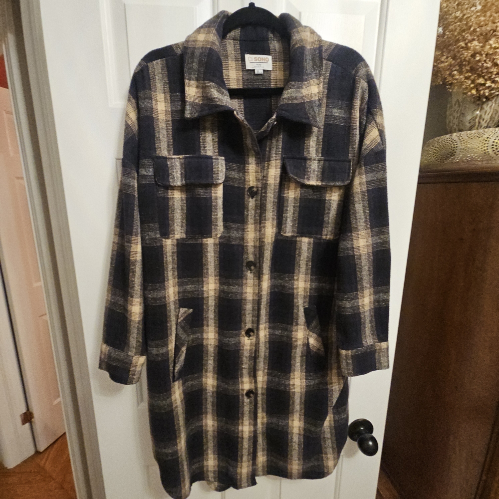 Ci Sono Plaid Utility Jacket in Navy and Beige